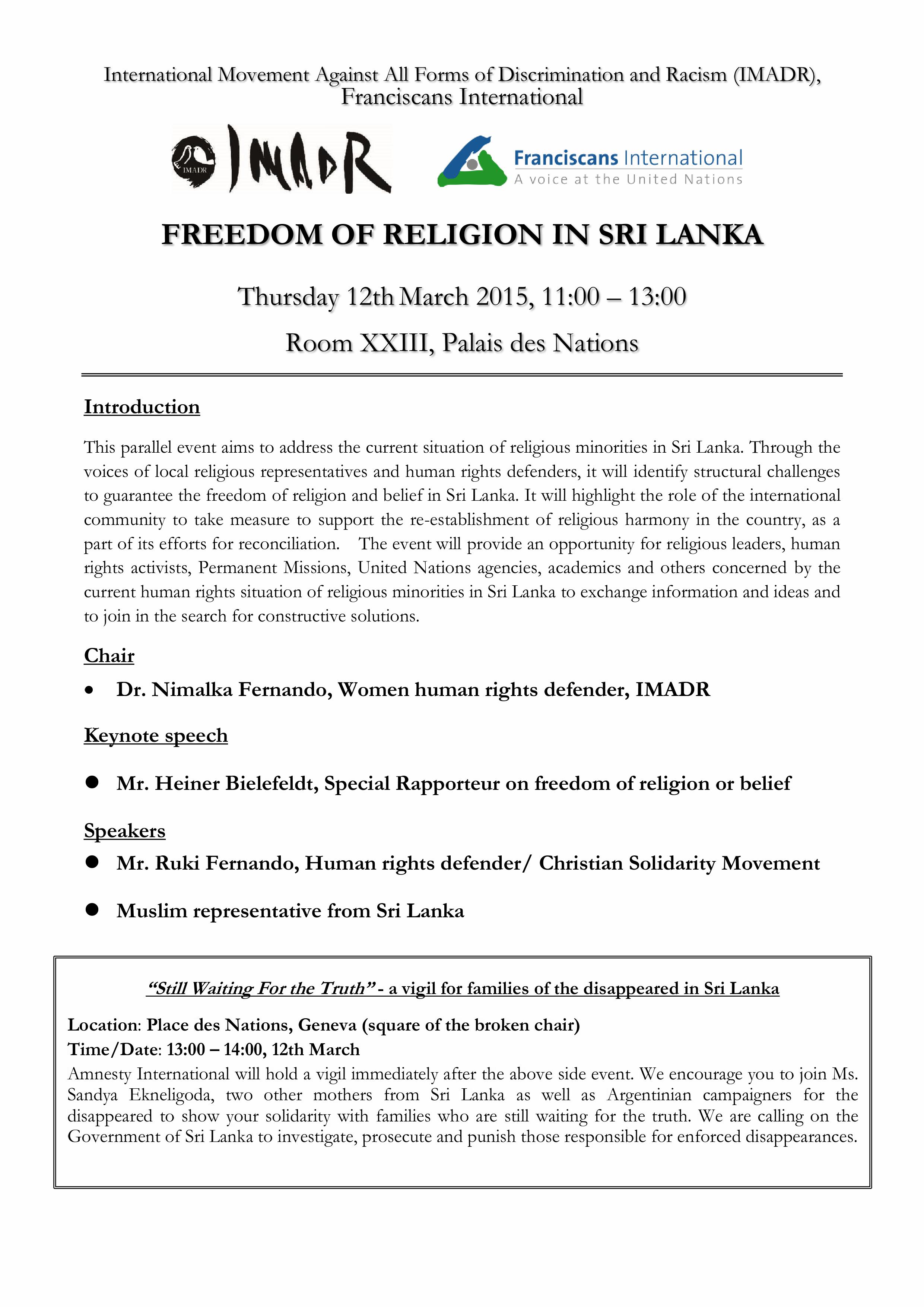 HRC 28 side event_Freedom of Religion in Sri Lanka (Thu 12 March 2015)_IMADR-FI