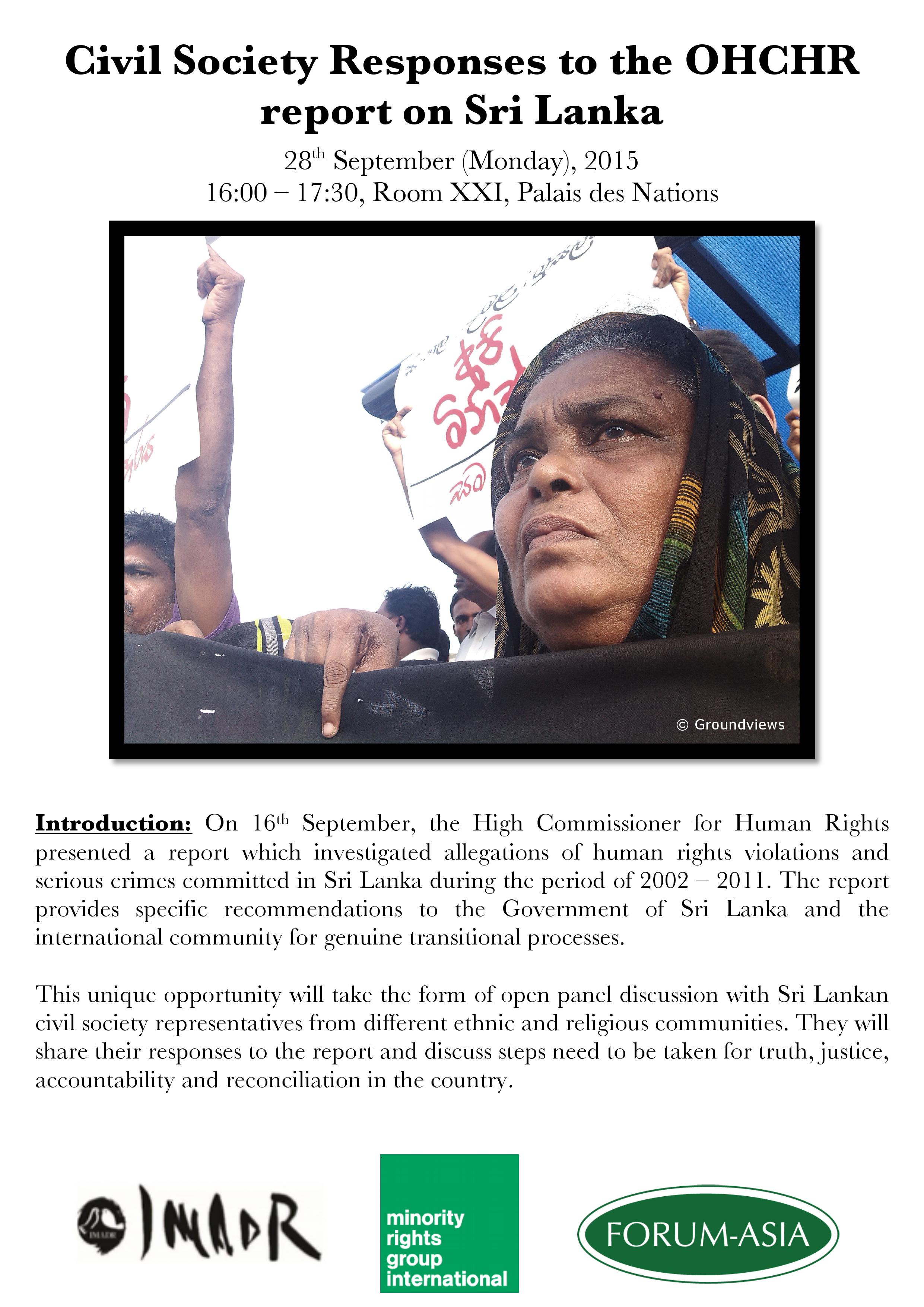 Invitation - HRC 30 side event_Civil Society Responses to the OHCHR report on Sri Lanka (4pm, Mon 28 September 2015, Room XXI)