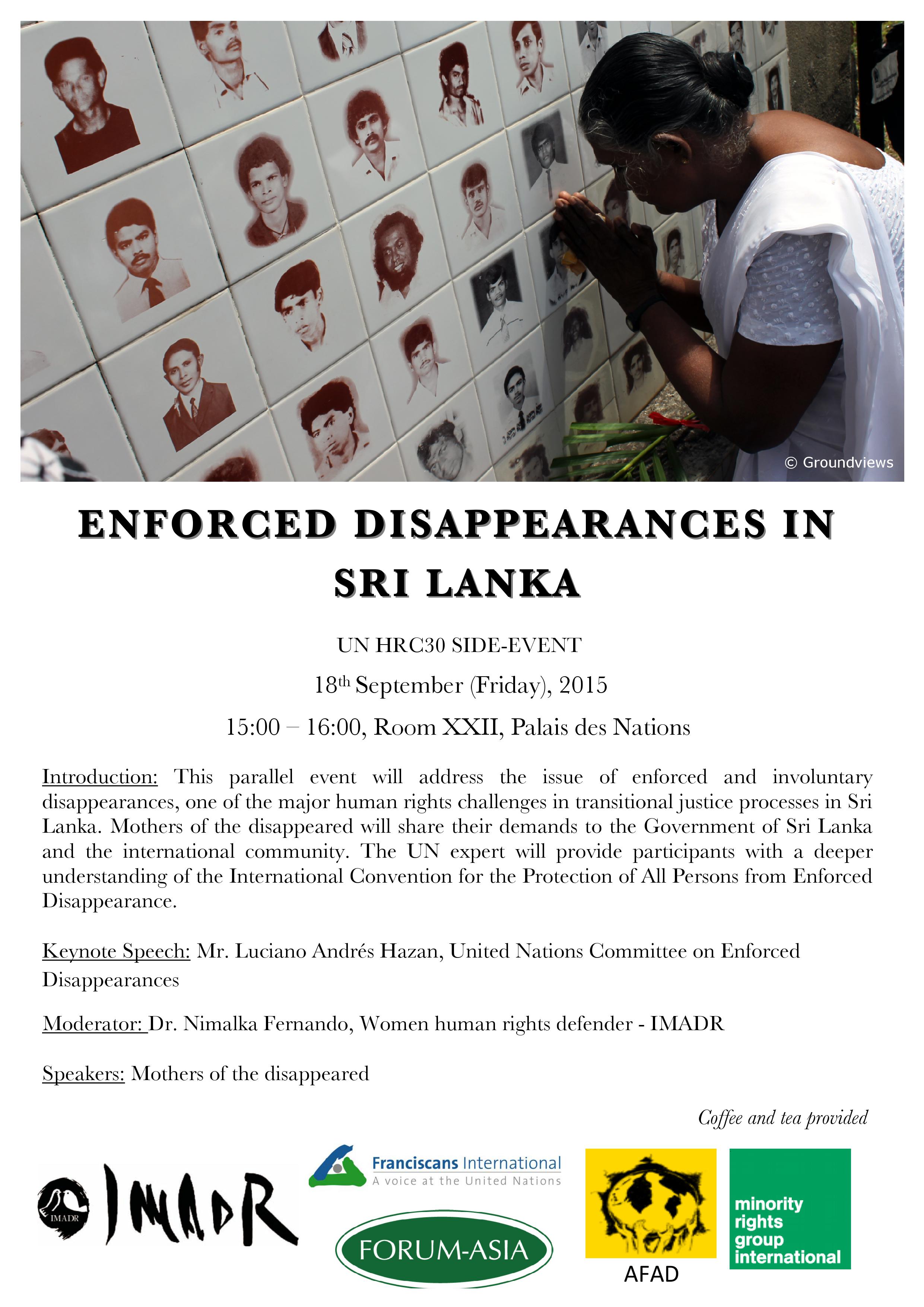 Invitation - HRC 30 side event_Enforced Disappearances in Sri Lanka (3pm, Fri 18 September 2015 @ Room XXII)