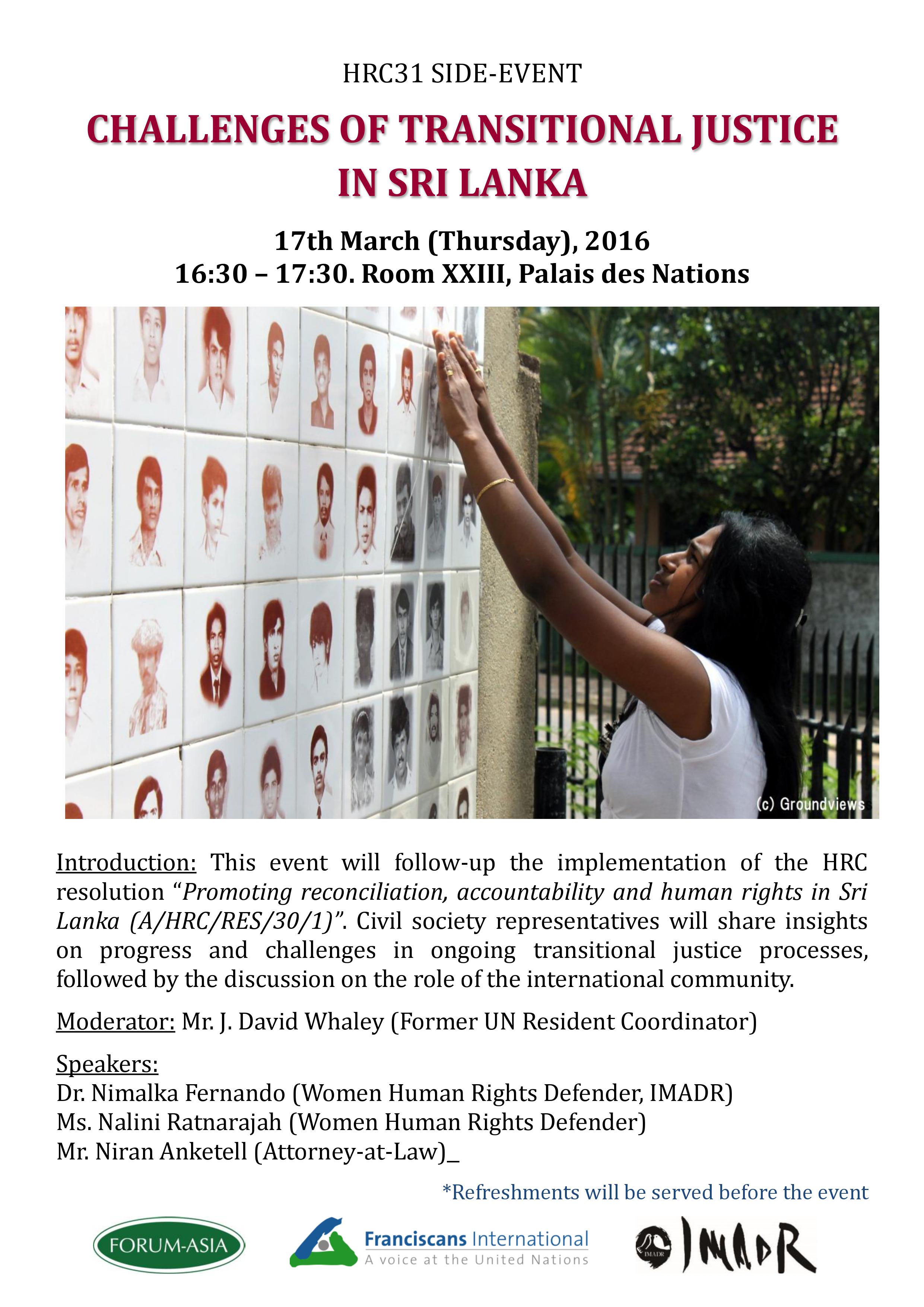Invitation - HRC31 side event_Challenges of Transitional Justice in Sri Lanka (4.30pm, 17 March 2016, Room XXIII)