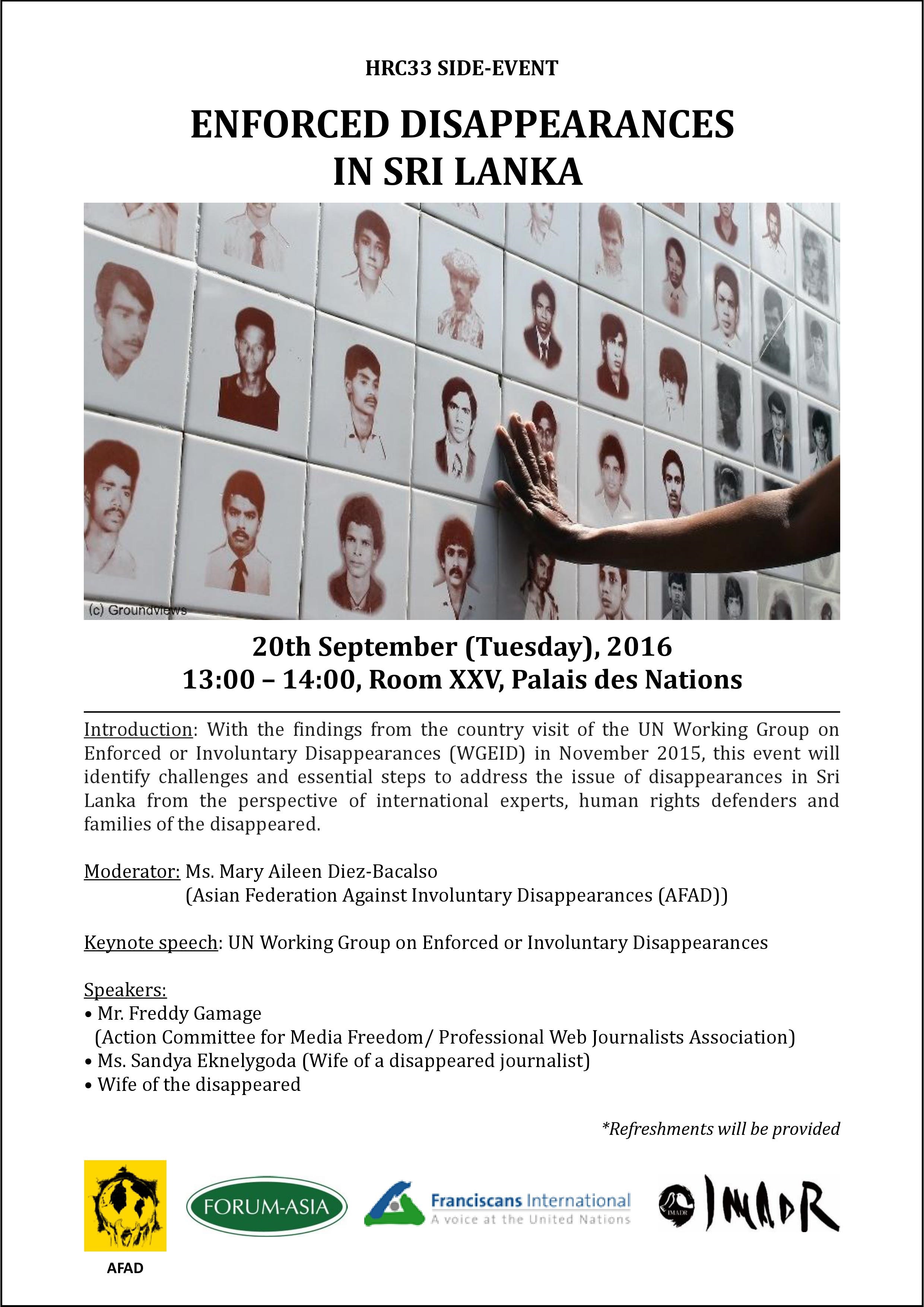Invitation - HRC33 side event_Enforced Disappearances in Sri Lanka (1pm, 20 September 2016, Room XXV)