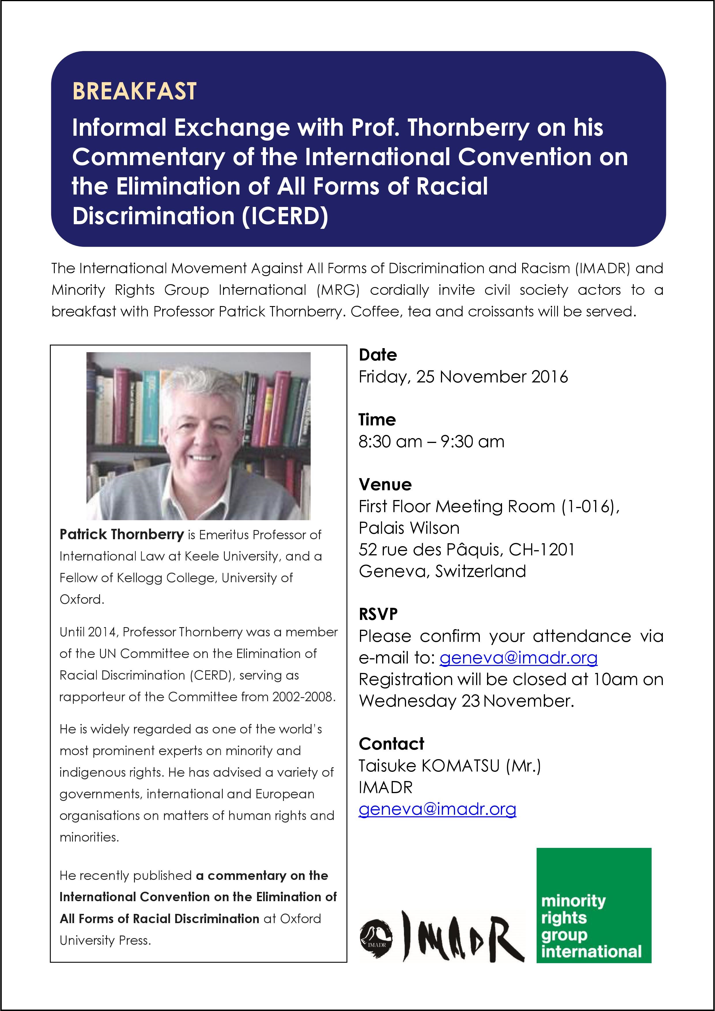 Invitation to Breakfast_Informal Exchange with Prof. Thornberry on the ICERD (8h30, 25 November 2016 @ Palais Wilson)