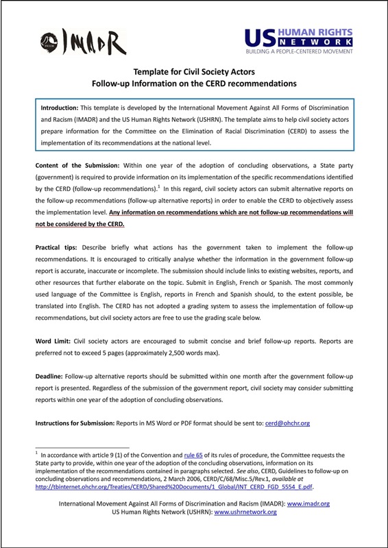 IMADR-USHRN_Template for Civil Society Actors_Follow-up Information on the CERD recommendations