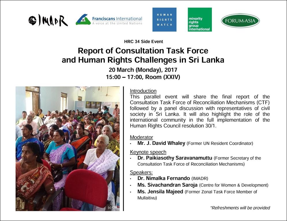 HRC34 side event_CTF Report and Human Rights Challenges in Sri Lanka (3pm 20 March 2017 Room XXIV)