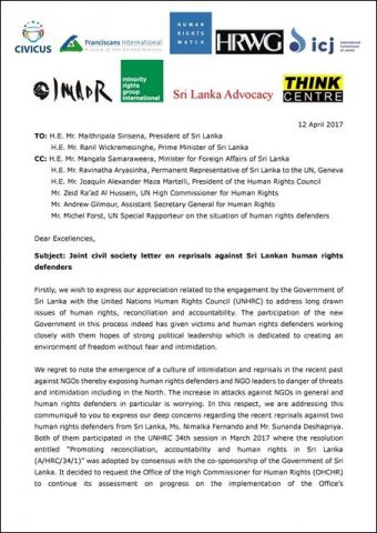 Joint civil society letter on reprisals against Sri Lankan human rights defenders_12April2017